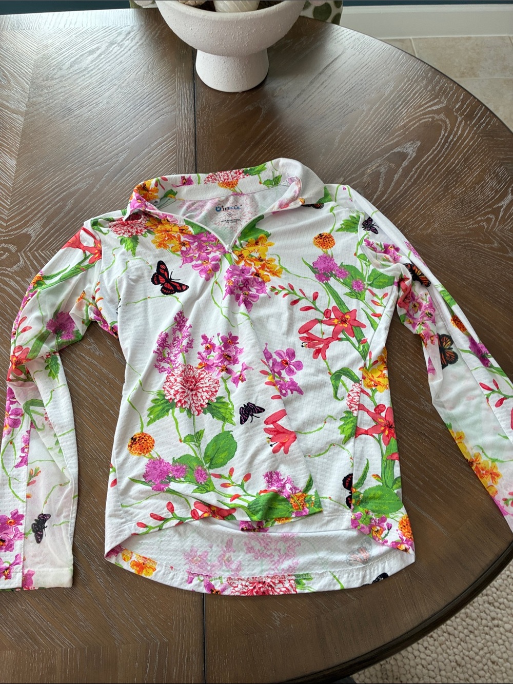 IBKUL White Floral Quarter-Zip Athletic Top with Pink and Green Accents